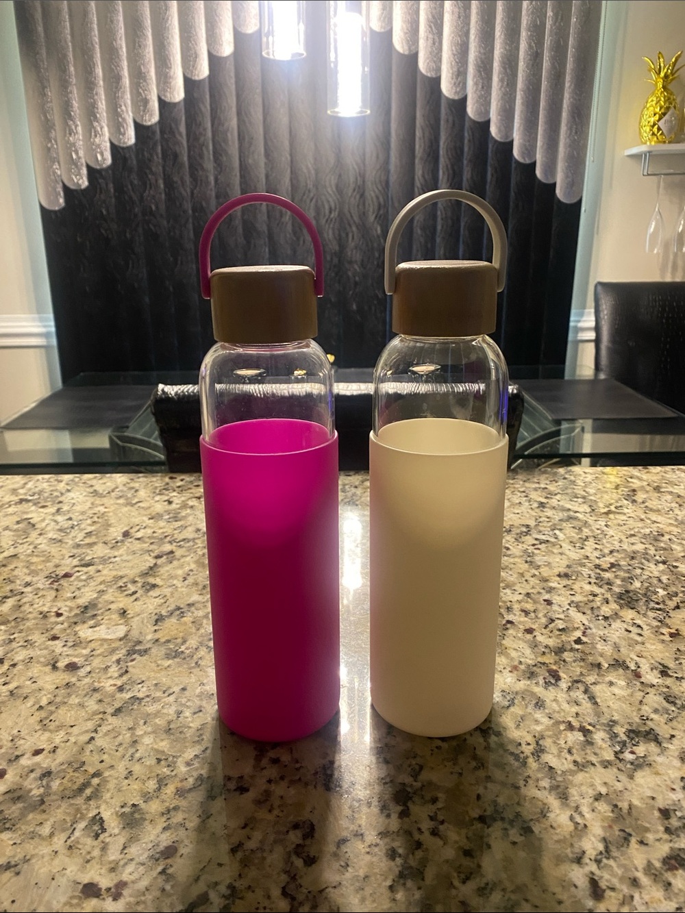 Glass Water Bottle with Silicone Sleeve and Bamboo Lid - Pink and Cream